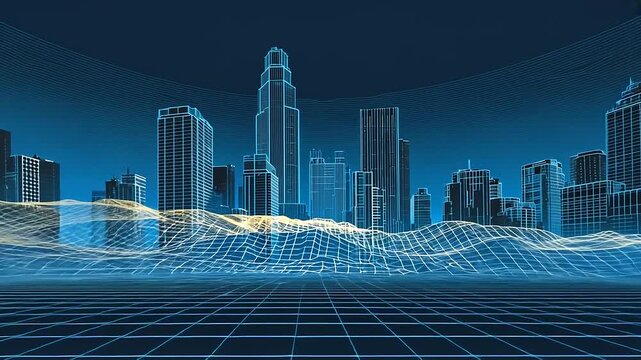 Futuristic city skyline with digital wave patterns, showcasing urban architecture and technology