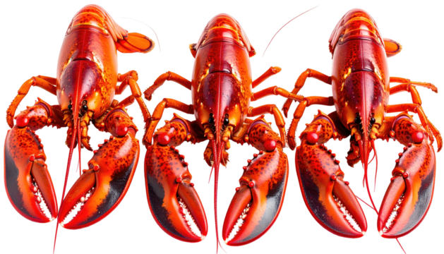 Three cooked, bright red lobsters, claws forward