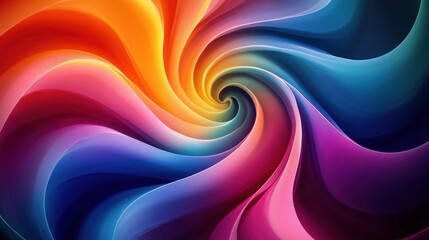 Vibrant swirling rainbow abstraction of flowing ribbons converging into a luminous central vortex, evoking dynamic motion and joyful energy