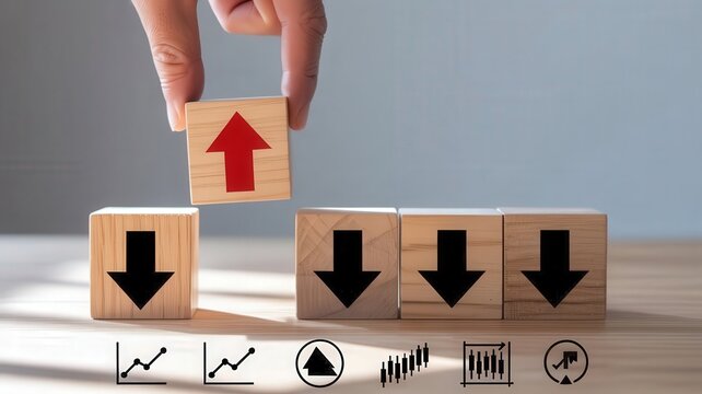 Hand placing wooden block with upward arrow to reverse trend of blocks showing downward arrows