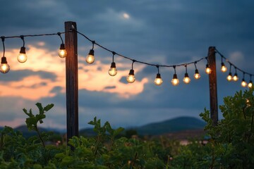 Obraz premium Glowing string lights hung between wooden posts over green vines at twilight with warm sunset sky and distant rolling hills, creating a cozy peaceful atmosphere