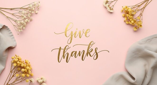 Give Thanks Aesthetic: Delicate arrangement showcasing a seasonal concept in elegant typography amidst a soft, artistic environment.