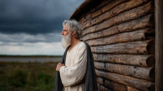 Thoughtful man in ancient attire standing by a rustic wooden house under a dramatic sky