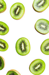 Fototapeta premium Freshly sliced kiwis arranged in a circular pattern on a clean white background. their green color and unique textures. ideal for culinary or health-related content