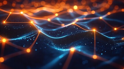 glowing orange nodes connected by lines over a blue undulating digital mesh with scattered particles, conveying futuristic connectivity and serene dynamic motion