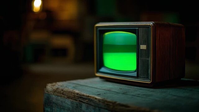 Retro vintage television with a green screen on a wooden table in a dimly lit setting