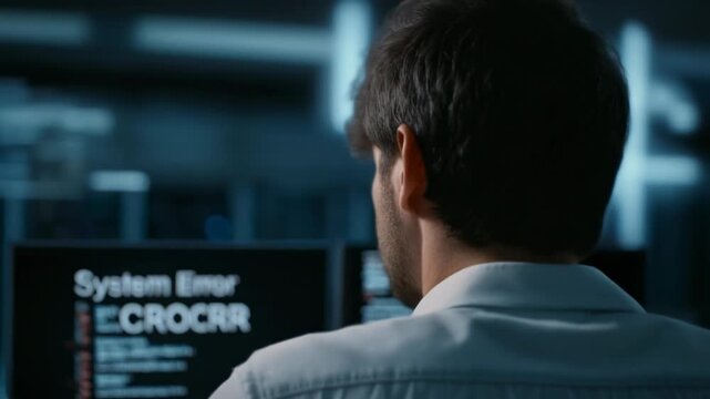 Tech Professional Facing System Error on Computer Screen in Dark Office Environment
