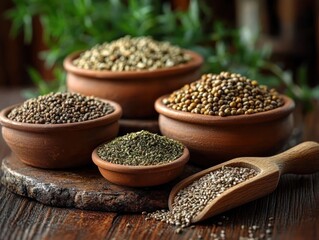 Clay bowls and wooden scoop filled with assorted seeds and spices on a rustic wooden board with blurred greenery, warm earthy tones and a cozy homely atmosphere
