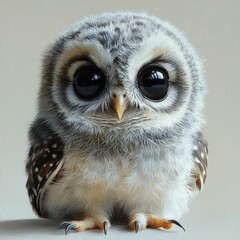 Obraz premium Fluffy white owl body with spotted brown wing feathers and sharp curved talons on a soft neutral background, evoking gentle curiosity