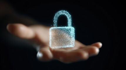 Digital Glowing Lock Hovering Above Hand in Dark Background