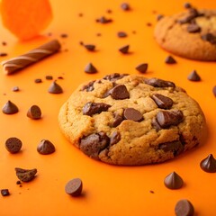 Close up of a delicious chocolate chip cookie on orange surface