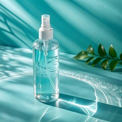 Clear spray bottle with liquid against a bright turquoise background