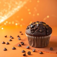 Delicious chocolate chip muffin with scattered chips on orange background