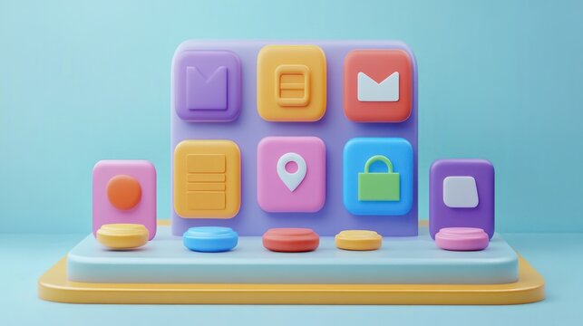 Cheerful pastel 3D rounded app icons and circular buttons on a layered platform with envelope, location pin, lock, menu and bookmark symbols