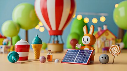 Colorful toy scene with solar panel and playful characters in bright environment
