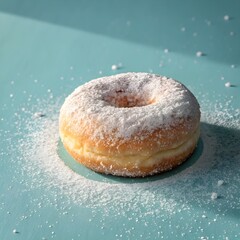 Powdered sugar donut resting on a light blue surface with sprinkles