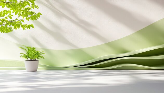 A single potted green plant sits on a white surface, bathed in dappled sunlight. Behind it, abstract, flowing green waves create a modern backdrop, suggesting a