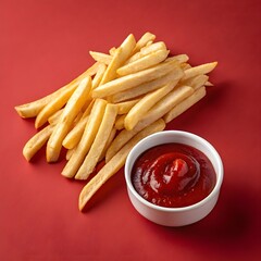 Pile of golden french fries served with a small bowl of ketchup