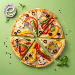 Top view of a sliced vegetarian pizza with colorful bell pepper topping