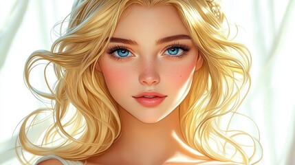Naklejka premium young woman with flowing golden wavy hair, soft backlit sunlight, bare shoulders and white strap, small floral hair accessory, serene and dreamy expression