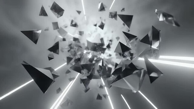 Dynamic fragmentation with geometric shapes creating a modern abstract animation, perfect for tech or futuristic backgrounds and sleek presentations