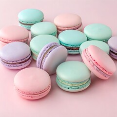 Assortment of colorful french macarons with pastel filling on pink