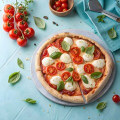 Freshly baked margherita pizza with mozzarella and basil on blue