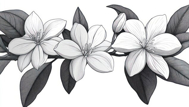 Three five-petaled blossoms on a leafy branch, delicate monochrome ink botanical drawing conveying serene elegance