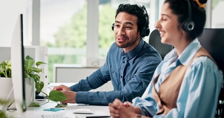 Computer, discussion and support with business people in call center for system integration or orientation. Training, contact us and conversation with headset for customer service office and advice - Powered by Adobe