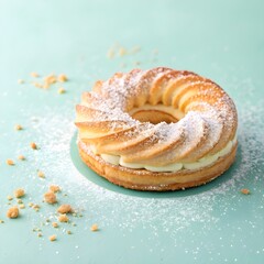 Paris brest pastry with cream filling and powdered sugar