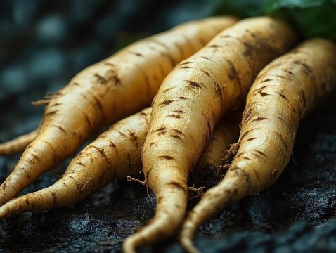 Freshly harvested parsnip roots on dark soil, close-up showing earthy rustic texture and natural harvest warmth - Powered by Adobe