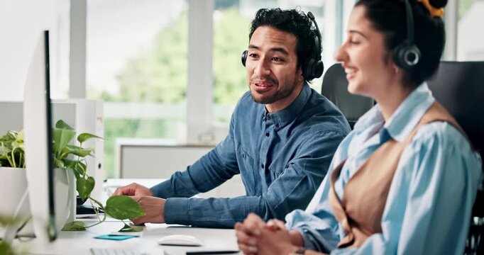 Computer, discussion and support with business people in call center for system integration or orientation. Training, contact us and conversation with headset for customer service office and advice