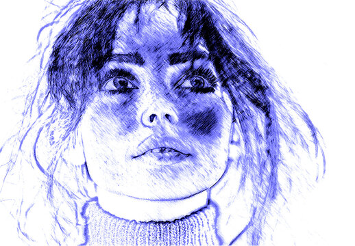 Blue And White Pencil Sketch Photo Effect Mockup
