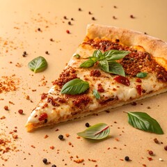Slice of gourmet pizza with meat sauce and fresh basil garnish