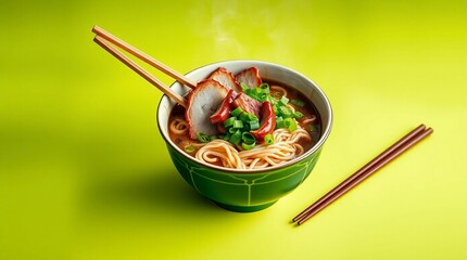 A decorative bowl of ramen containing smooth noodles aromatic broth hearty miso and bold toppings steaming gently with chopsticks displayed on a plain bright lime background
