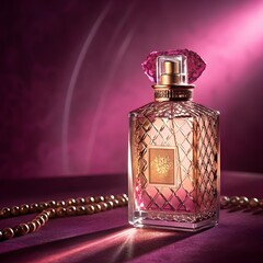 Luxurious perfume bottle with intricate design on purple silk