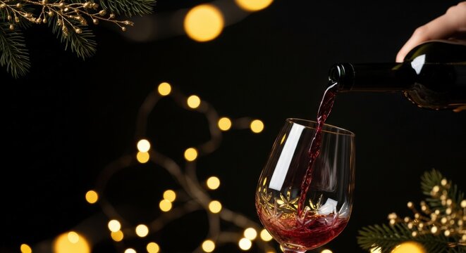 A hand pours red wine from a bottle into a glass. The background features soft, glowing lights and festive decorations, creating a warm atmosphere.
