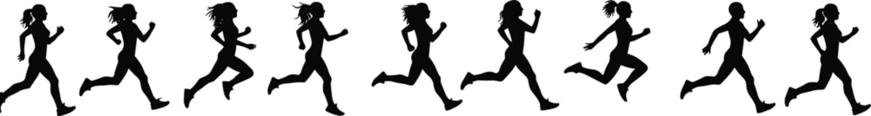 Silhouette of women running in various jogging poses, fitness vector illustration set for sports, health, and motion animation design