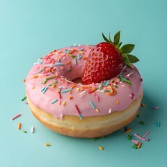 Pink frosted donut with strawberry and sprinkles on blue background