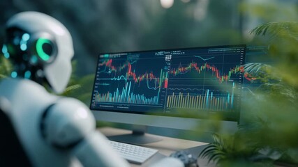 Futuristic robot analyst working with data in a serene nature environment, perfect for tech and nature themes - Powered by Adobe