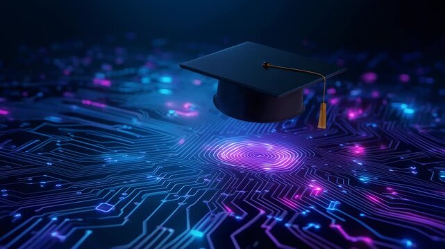 Graduation cap hovering over a digital circuit board background for education and technology themes