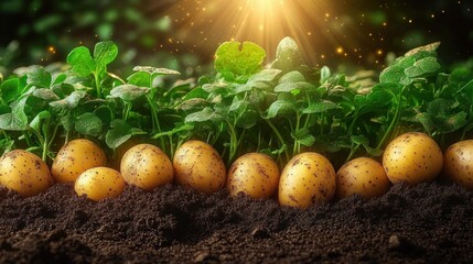 row of small freshly harvested potatoes nestled in dark soil beneath green foliage and warm golden sunlight conveying freshness and abundance