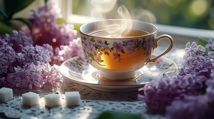 Steaming cup of tea in a floral porcelain teacup and saucer on a lace tablecloth with sugar cubes and lilac blossoms bathed in warm morning sunlight, serene and cozy