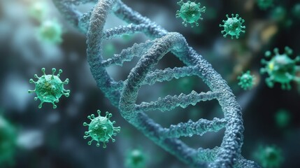 microscopic close-up of a double helix DNA strand surrounded by spiky virus particles with blue-green tones and an ominous tense atmosphere
