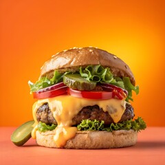 Delicious cheeseburger with melted cheese and fresh vegetable on orange background