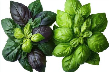 Top-down view of two fresh basil plants, one vibrant green and one deep purple with lush contrasting leaves on a white background conveying freshness and vivid texture