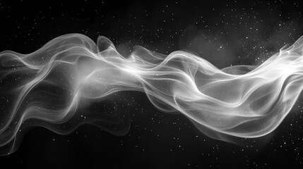 silky translucent white wisps and ribbons of smoke drifting across a starry black background, serene, ethereal and mysterious