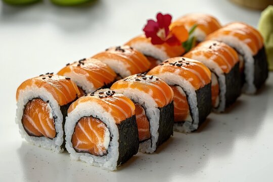 Rows of fresh salmon sushi rolls on a white plate with rice and nori, topped with black sesame seeds and an edible flower garnish, elegant and appetizing presentation
