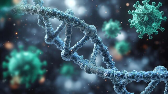 Microscopic close-up of a textured DNA double helix surrounded by spiky viral particles, creating an ominous, urgent scientific atmosphere