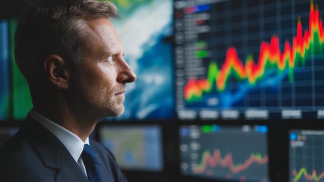 Focused professional monitoring hurricane data in a high-tech weather center - Powered by Adobe